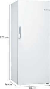Le réfrigérateur BOSCH GSN54EWCV est haut et blanc avec une poignée. Il mesure 176 cm de hauteur, 70 cm de largeur et 78 cm de profondeur.