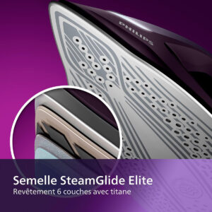 Gros plan sur la semelle du fer à vapeur PHILIPS PSG7150-30, étiquetée "Semelle SteamGlide Elite" et dotée d'un revêtement en titane à 6 couches.
