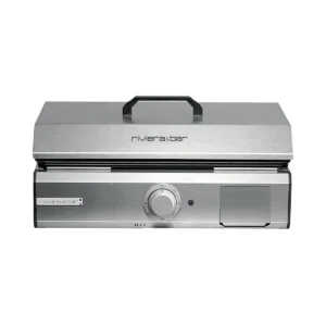 Un grill électrique RIVIERA & BAR QPL965 en acier inoxydable, équipé d'une poignée sur le dessus et d'un bouton de commande central.