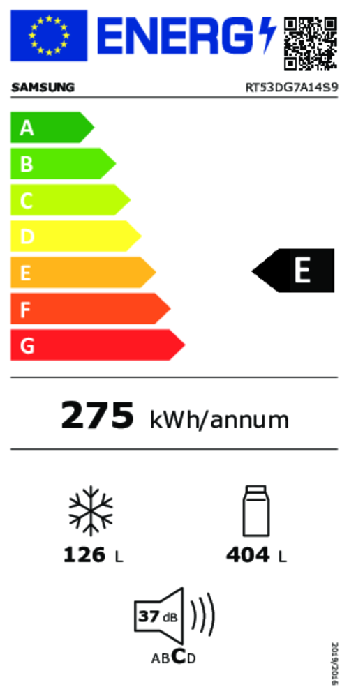 Le réfrigérateur SAMSUNG RT53DG7A14S9/EF a une cote énergétique E, consomme 275 kWh/an, a une capacité de congélation de 126 litres, une capacité de réfrigération de 404 litres et fonctionne silencieusement à 37 dB.