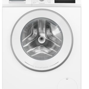 Vue de face du lave-linge SIEMENS WM14N27AFR en blanc, avec écran digital et porte ronde.