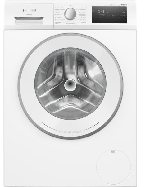 Vue de face du lave-linge SIEMENS WM14N27AFR en blanc, avec écran digital et porte ronde.
