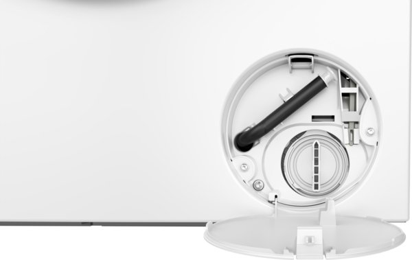 Gros plan du compartiment du filtre du lave-linge SIEMENS WM14N27AFR montrant le capuchon, le tuyau et le couvercle.