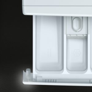 Ouvrir le tiroir à détergent du lave-linge SIEMENS WM14N27AFR, révélant trois compartiments sur fond sombre.