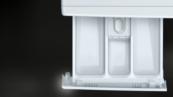 Ouvrir le tiroir à détergent du lave-linge SIEMENS WM14N27AFR, révélant trois compartiments sur fond sombre.