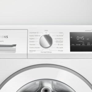 Vue frontale du lave-linge SIEMENS WM14N27AFR, équipé d'un panneau de commande intuitif et d'un affichage numérique clair.