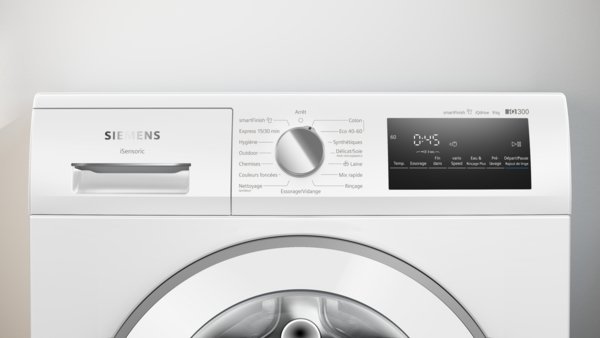 Vue frontale du lave-linge SIEMENS WM14N27AFR, équipé d'un panneau de commande intuitif et d'un affichage numérique clair.