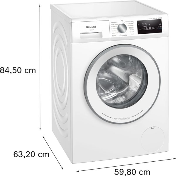 Le lave-linge à chargement frontal SIEMENS WM14N27AFR en blanc mesure 84,5 cm de haut, 63,2 cm de profondeur et 59,8 cm de large - parfait pour les espaces de blanchisserie modernes.