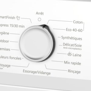 Gros plan du panneau de commande du lave-linge SIEMENS WM14N27AFR, montrant les multiples options de cycle de lavage organisées autour d'un cadran central.