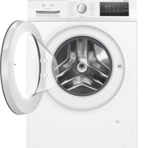 Vue de face du lave-linge SIEMENS WM14N27AFR en blanc, montrant la porte ouverte et le tambour vide à l'intérieur.
