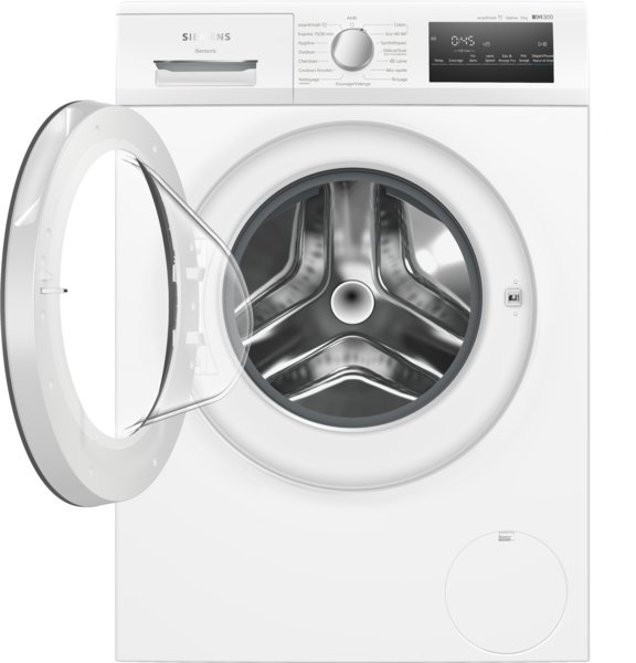 Vue de face du lave-linge SIEMENS WM14N27AFR en blanc, montrant la porte ouverte et le tambour vide à l'intérieur.