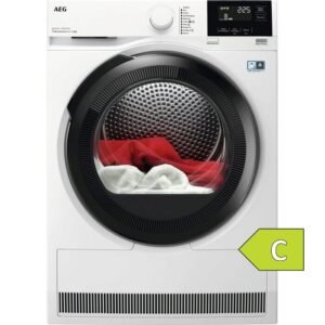 Le modèle AEG TR81A3G6BOE est un sèche-linge blanc à chargement frontal doté d'un affichage numérique, dont l'intérieur est rouge et blanc et qui affiche une étiquette énergétique verte "C".