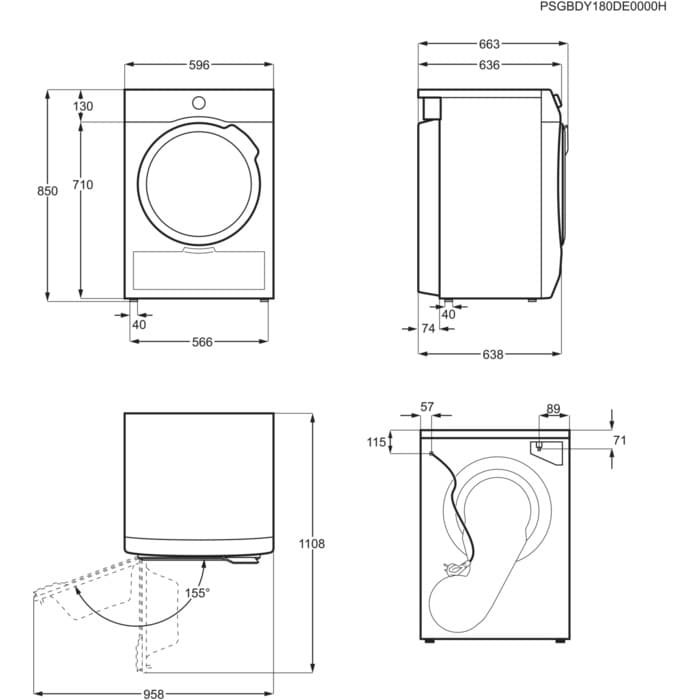 Dessin technique du AEG TR81A3G6BOE, un lave-linge à chargement frontal, avec les dimensions détaillées et la plage d'ouverture de la porte.