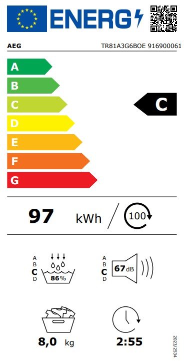 L'AEG TR81A3G6BOE a un label énergétique de classe C, consomme 97 kWh/100 cycles, fonctionne à 67 dB de bruit, traite une charge de 8 kg et effectue un lavage en 2:55 - idéal pour une lessive efficace.