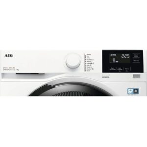 Le sèche-linge AEG TR81A3G6BOE est doté d'un panneau de commande blanc avec un cadran rond et un écran numérique affichant 2:25, conçu pour s'adapter parfaitement à votre sèche-linge pour une installation de blanchisserie sans faille.
