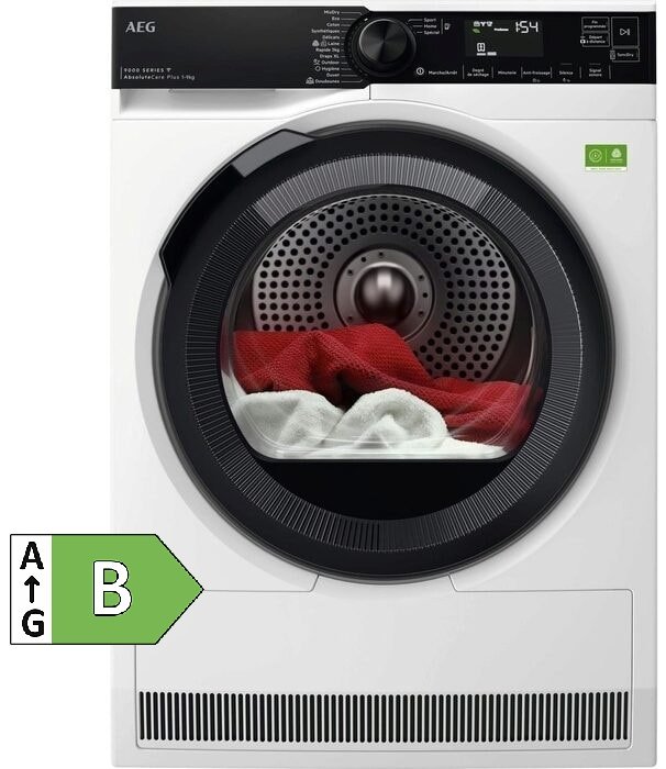 Vue de face du sèche-linge AEG TR95A9B6BW avec du linge à l'intérieur, avec une étiquette verte "B" sur la gauche.