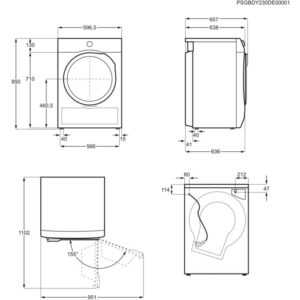 Schéma technique avec mesures du lave-linge AEG TR95A9B6BW, présenté sous différents angles.