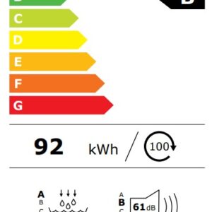 Le sèche-linge AEG TR95A9B6BW a un classement énergétique européen de classe B, consomme 92 kWh pour 100 cycles, supporte une charge de 9 kg, effectue des cycles en 3:25 heures et fonctionne à un niveau sonore de 61 dB.