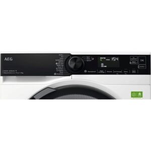 Gros plan sur le panneau de commande de l'AEG TR95A9B6BW, qui comporte un affichage numérique et un cadran de sélection des cycles.