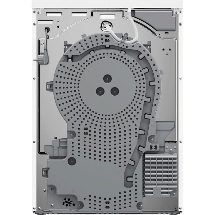 Vue arrière du lave-vaisselle AEG TR95A9B6BW, montrant ses composants internes, ses tuyaux et ses différents panneaux d'accès.