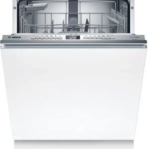 Ouvrez le lave-vaisselle BOSCH SMV4EB806E avec un panier supérieur vide et un panneau de commande visible.