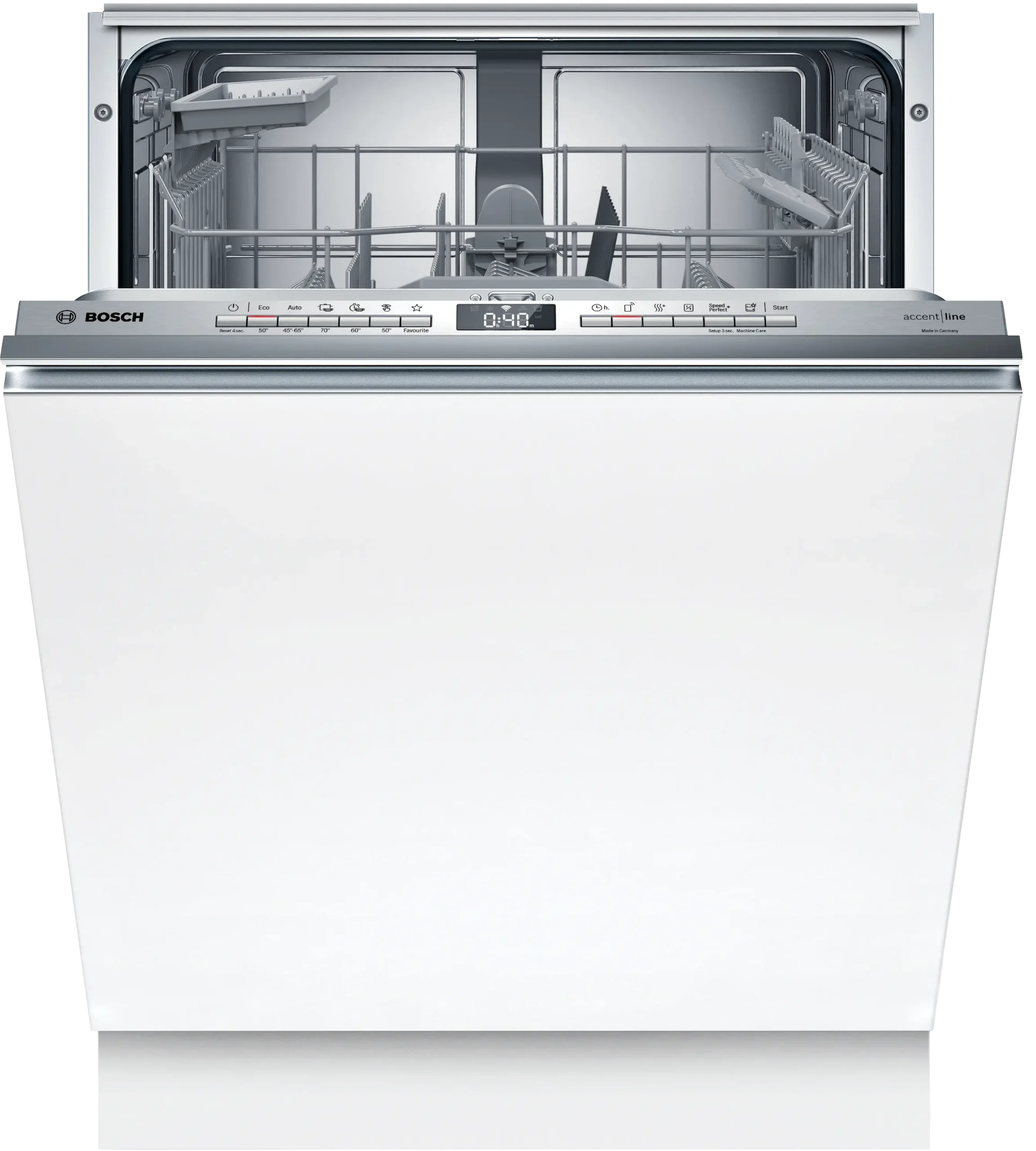 Ouvrez le lave-vaisselle BOSCH SMV4EB806E avec un panier supérieur vide et un panneau de commande visible.