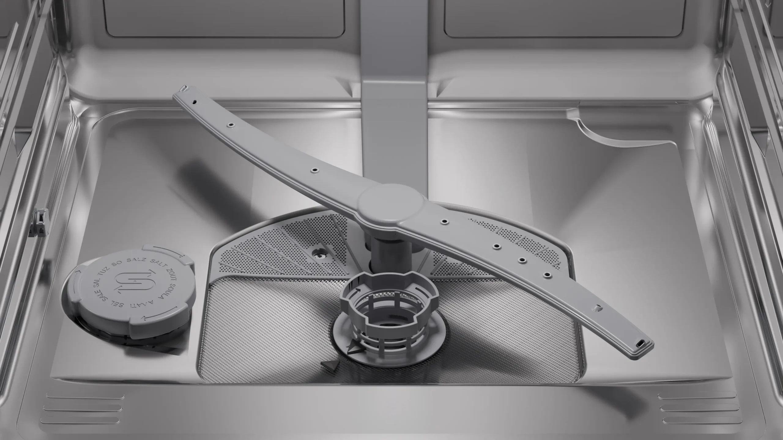 Gros plan de l'intérieur du lave-vaisselle encastrable BOSCH SMV4EB806E, mettant en évidence le bras d'aspersion, le filtre et la finition en acier inoxydable.