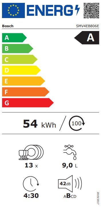 Le lave-vaisselle BOSCH SMV4EB806E est classé A, consomme 54 kWh pour 100 cycles, peut contenir 13 couverts, consomme 9 litres d'eau par cycle et fonctionne silencieusement à 42 dB.
