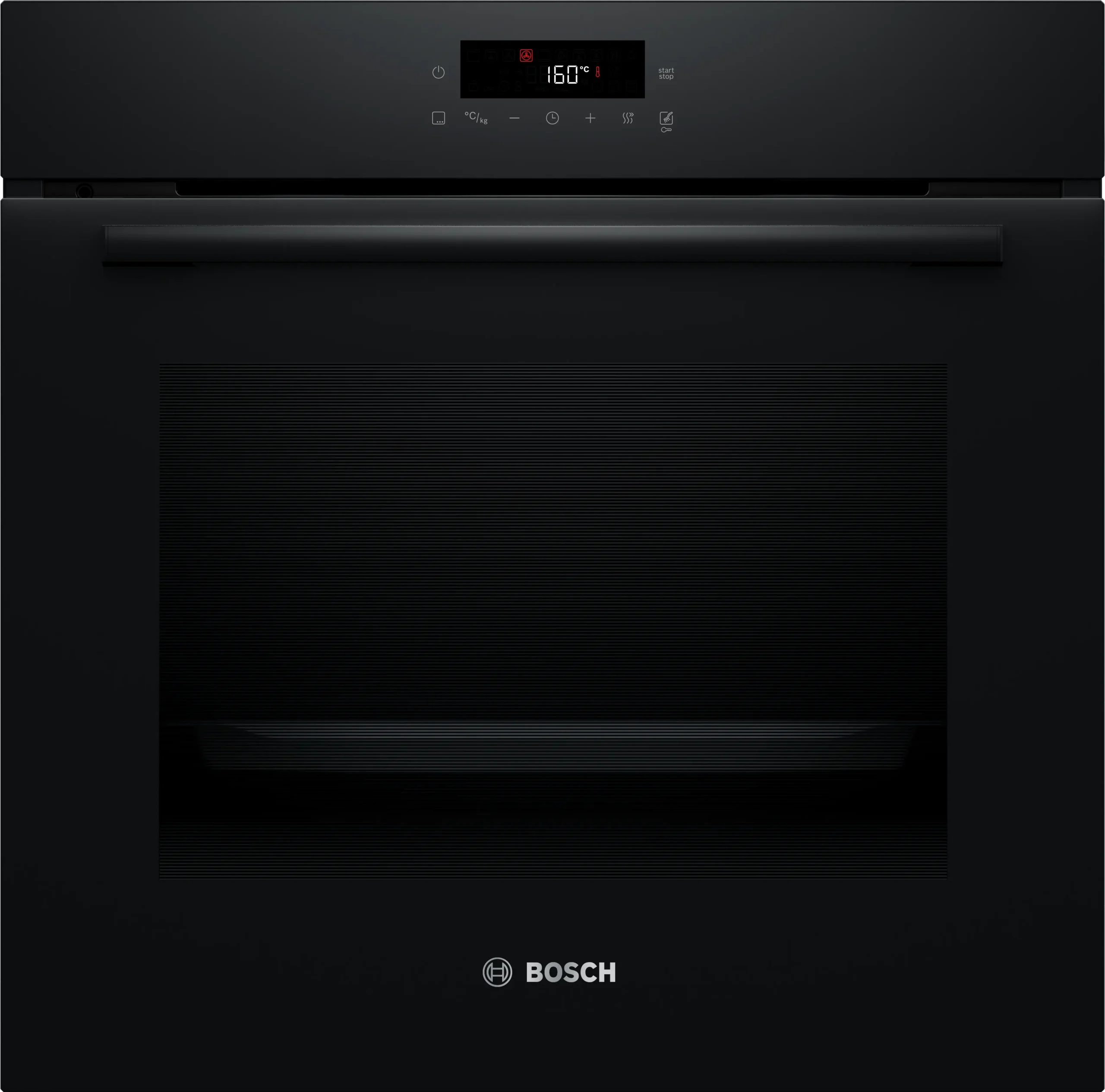 Un four encastrable BOSCH HBA571BB4 (Copie) en noir avec un affichage digital réglé sur 160°C.