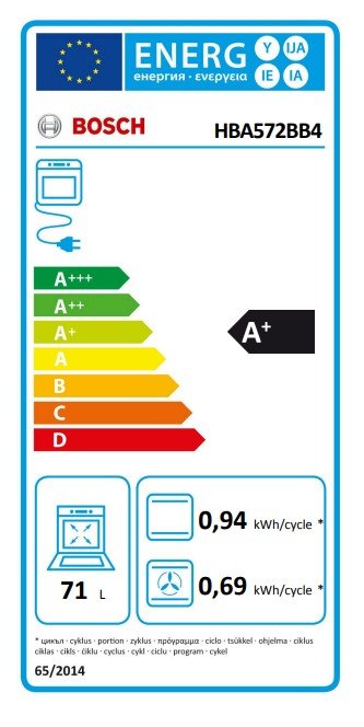Étiquette énergétique du four BOSCH HBA571BB4 (Copie) : Cote A+, capacité de 71 L et consommation d'énergie de 0,94/0,69 kWh par cycle.