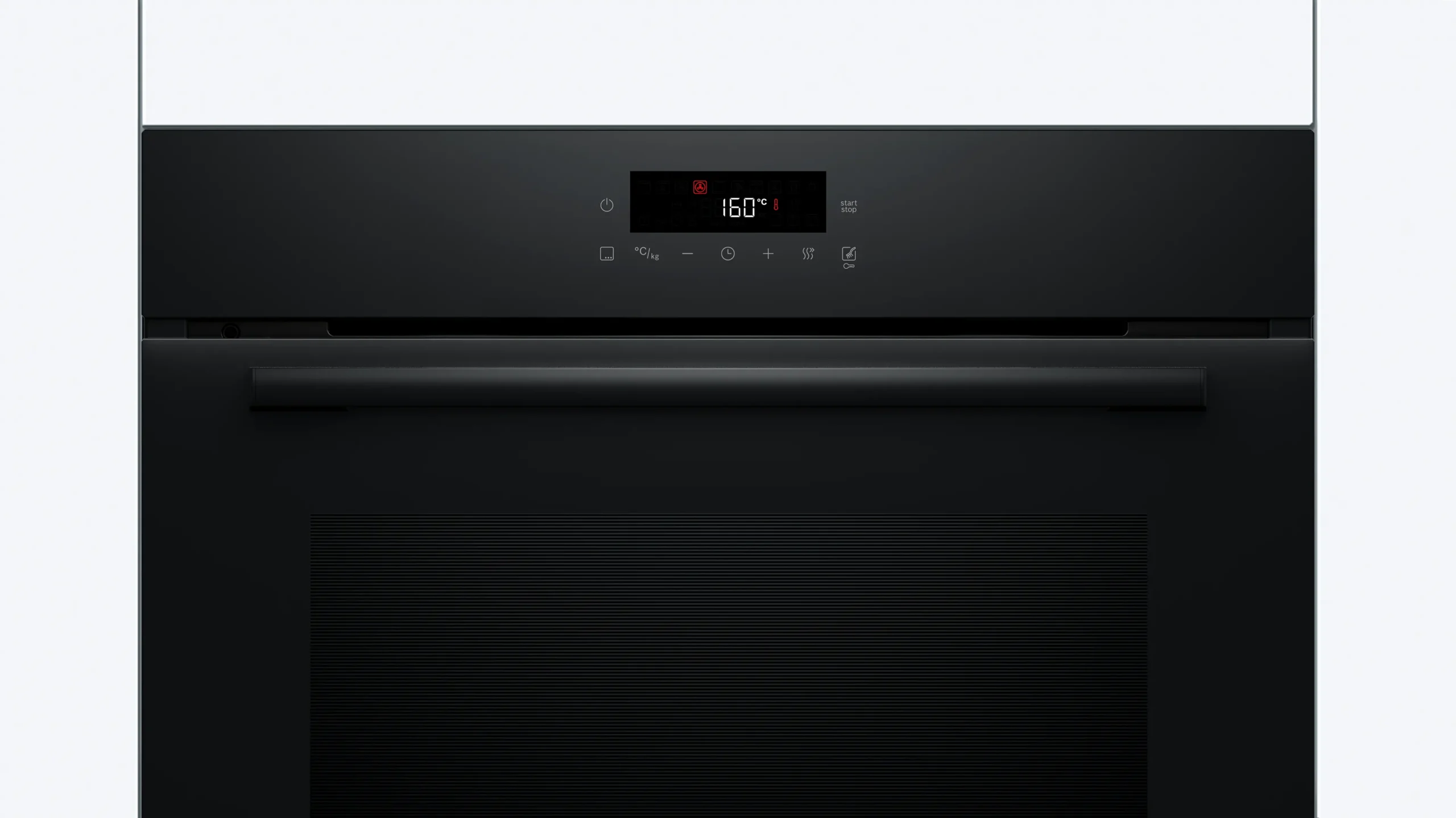 Gros plan du panneau de commande d'un four BOSCH HBA571BB4 (Copie) noir affichant 160°C, avec des boutons tactiles et un affichage numérique.