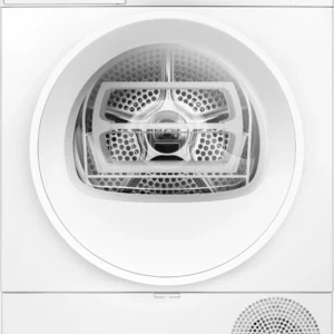 Vue avant du sèche-linge BOSCH WTH8520MFR, avec sa finition blanche, sa porte ronde et son panneau d'affichage numérique.
