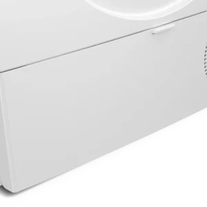 Gros plan de la partie inférieure avant du sèche-linge BOSCH WTH8520MFR, montrant une bouche d'aération et une petite poignée.