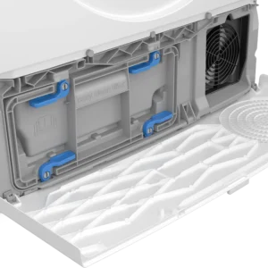 Le panneau du sèche-linge BOSCH WTH8520MFR est ouvert, montrant le compartiment du filtre à peluches et l'évent du ventilateur, avec le filtre partiellement retiré.
