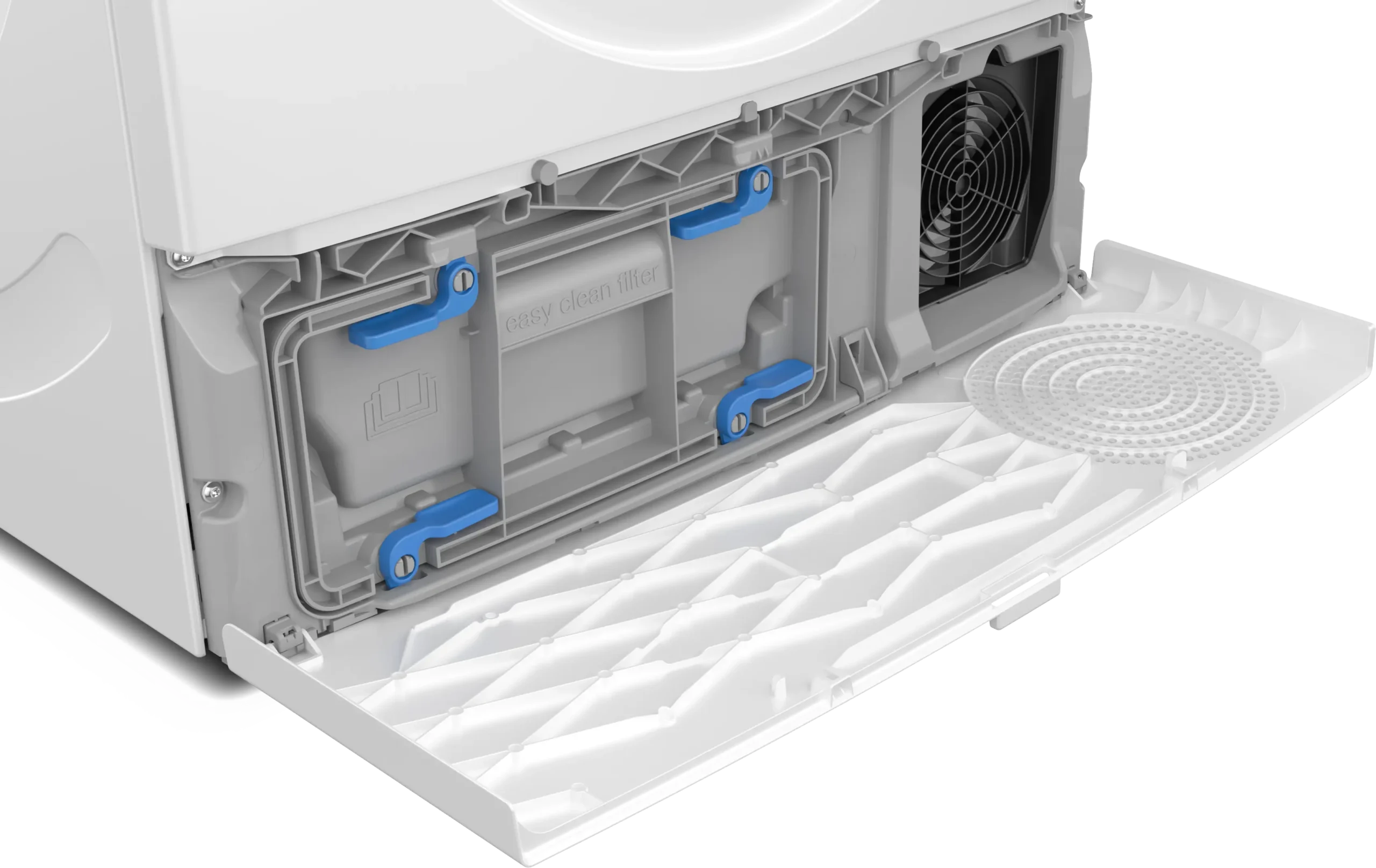 Le panneau du sèche-linge BOSCH WTH8520MFR est ouvert, montrant le compartiment du filtre à peluches et l'évent du ventilateur, avec le filtre partiellement retiré.