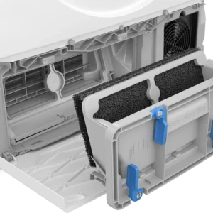 Le sèche-linge BOSCH WTH8520MFR est doté d'un compartiment ouvert présentant un filtre amovible à mailles noires et à clips bleus sur son panneau avant.