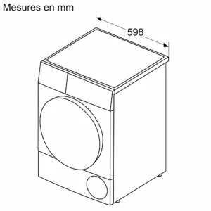 Dessin du sèche-linge à chargement frontal BOSCH WTH8520MFR, 598 mm de large, étiqueté "Mesures en mm".