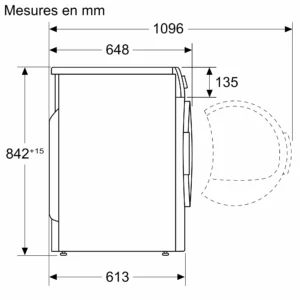 Schéma de la vue latérale du sèche-linge BOSCH WTH8520MFR avec porte, affichant les dimensions en millimètres.