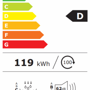 Le sèche-linge BOSCH WTH8520MFR a une étiquette énergétique D, consomme 119 kWh/an, traite des charges de 8 kg, fonctionne à 62 dB avec une durée de cycle de 3:25 et atteint une efficacité de condensation de 83 %.