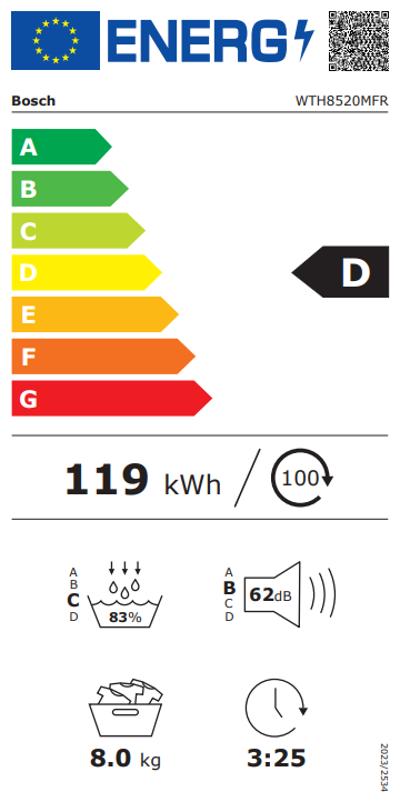 Le sèche-linge BOSCH WTH8520MFR a une étiquette énergétique D, consomme 119 kWh/an, traite des charges de 8 kg, fonctionne à 62 dB avec une durée de cycle de 3:25 et atteint une efficacité de condensation de 83 %.