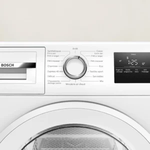 Gros plan du panneau de commande d'un lave-linge BOSCH Serie 4 avec boutons et affichage numérique, présenté à côté du sèche-linge BOSCH WTH8520MFR.