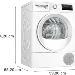 Le BOSCH WTH8520MFR est un sèche-linge à chargement frontal de couleur blanche, doté d'un panneau de commande et d'une porte visibles, avec des dimensions de 84,2 x 59,8 x 65,2 cm.