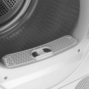 Gros plan du sèche-linge BOSCH WTH8520MFR avec sa porte ouverte, montrant le filtre à peluches positionné au bas du tambour.