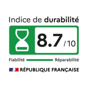 Étiquette de l'indice de durabilité français pour le MIELE WWB360WCS, avec une note de 8,7/10 et des icônes de fiabilité et de réparabilité.