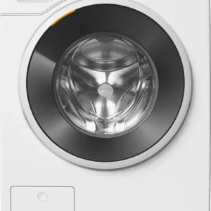 La vue de face du MIELE WWB360WCS montre son design blanc élégant avec un affichage numérique et un bouton de commande.