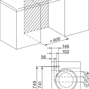 Schéma technique du MIELE WWB360WCS, indiquant les mesures d'installation et les dimensions du meuble.