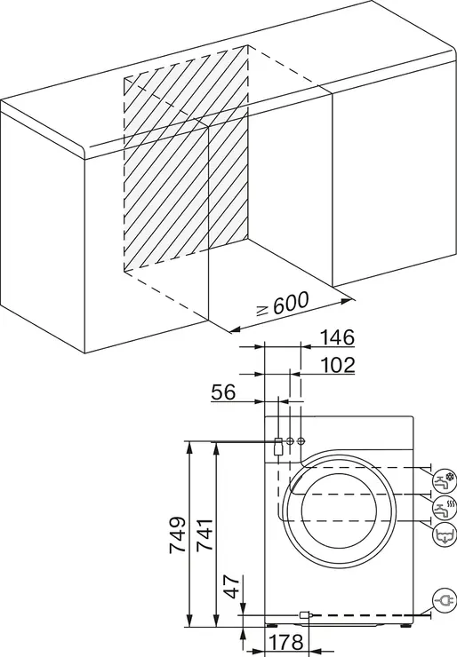 Schéma technique du MIELE WWB360WCS, indiquant les mesures d'installation et les dimensions du meuble.