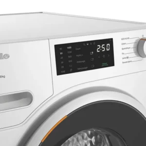 Gros plan du panneau de commande du MIELE WWB360WCS montrant les paramètres de lavage et une minuterie numérique.