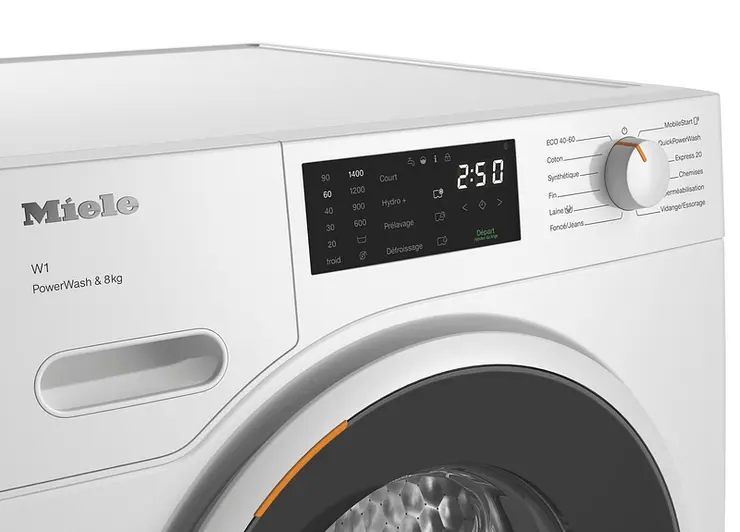 Gros plan du panneau de commande du MIELE WWB360WCS montrant les paramètres de lavage et une minuterie numérique.