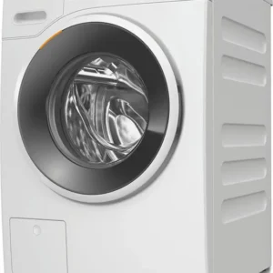 Vue de face du lave-linge à chargement frontal MIELE WWB360WCS, avec sa porte ronde et son panneau de commande numérique facile à utiliser.